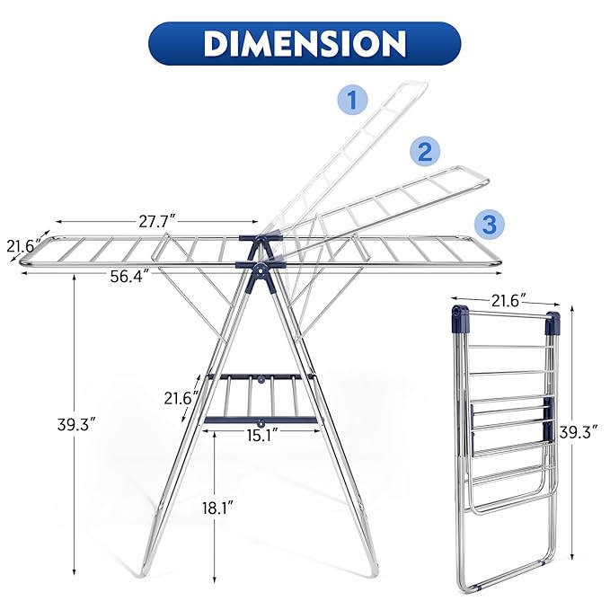 APEXCHASER Clothes Drying Rack, Stainless Steel Drying Rack Clothing with Height-Adjustable, Foldable Gullwings Laundry Drying Rack, Indoor Outdoor Use, No Assembly-CubbioJoy