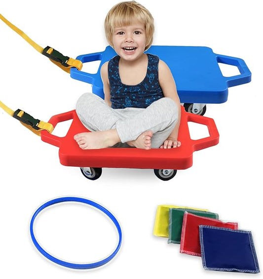 2 Plastic Scooter Boards with Handles for Kids Sitting and Sports Training, with 1 Ring, 2 Ropes and 4 Beanbags, Indoor and Outdoor Play-CubbioJoy