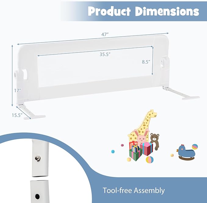 BABY JOY Bed Rails for Toddlers, Swing Down Safety Bed Guard for Convertible Crib, Folding Baby Bedrail for Kids Twin, Double, Full Size Queen & King Mattress (48-Inch, White)-CubbioJoy