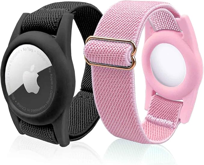 Airtag Bracelet for Kids, AirTag Holder with Adjustable Stretchy Nylon Watch Band, Anti-Lost Apple Air Tag Case Loop for Child, Toddler, Adults, Wallet, AirTag Wristband Kids (Black Pink)-CubbioJoy