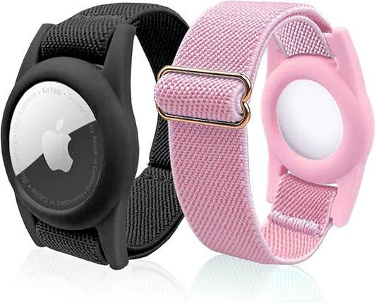 Airtag Bracelet for Kids, AirTag Holder with Adjustable Stretchy Nylon Watch Band, Anti-Lost Apple Air Tag Case Loop for Child, Toddler, Adults, Wallet, AirTag Wristband Kids (Black Pink)-CubbioJoy