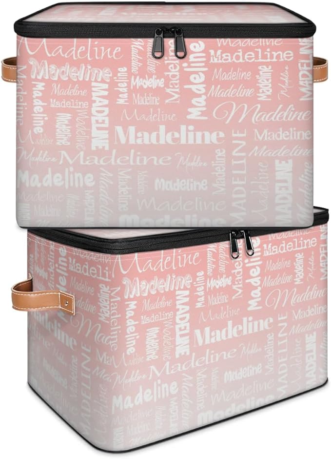 Custom Storage Basket with Name, Personalized Storage Bins with Zipper Lid, Foldable Fabric Storage Box Large capacity with Handle Pink White-CubbioJoy