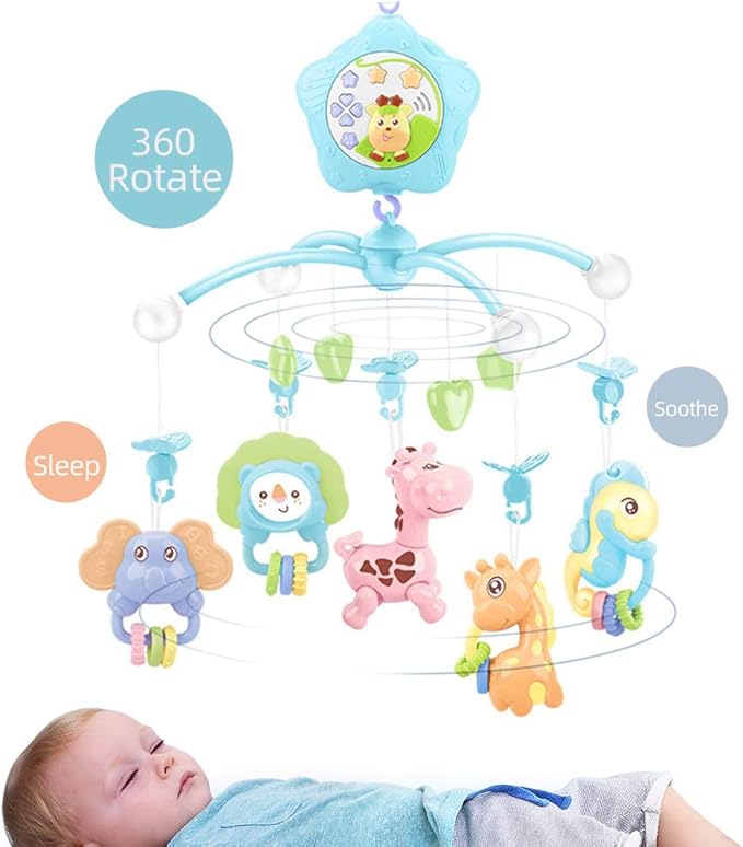 Baby Mobile for Crib with Musicial and Lights, Remote, lamp, Projector for Pack and Play, for Ages 0+ Months (Blue-Forest)-CubbioJoy