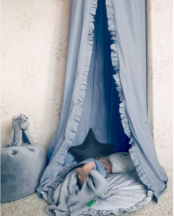 Bed Canopy with Frills Reading Nook Game Tent for Kids Boho Hanging Net Play Room Decor(Blue)-CubbioJoy