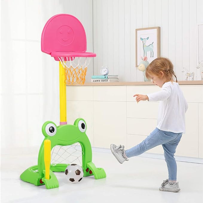 Costzon Toddler Basketball Hoop, 3-in-1 Sports Set for Basketball, Baseball & Football, 6 Height Adjustable Basketball Toy Activity Center for Indoor & Outdoor, Best Gift for Kids (Cute Frog)-CubbioJoy