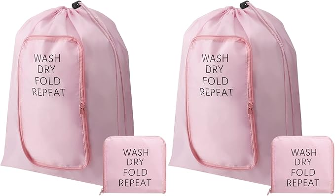 2 Pcs Travel Laundry Bag Washable Dirty Clothes Bag with Drawstring and Zipper for Suitcase, 22 x 18 Inch (Pink,Classic)-CubbioJoy