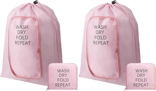 2 Pcs Travel Laundry Bag Washable Dirty Clothes Bag with Drawstring and Zipper for Suitcase, 22 x 18 Inch (Pink,Classic)-CubbioJoy
