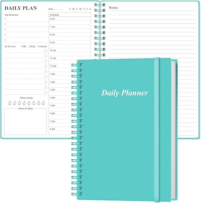 Daily Planner Undated - A5 To Do List Notebook Hourly Schedules, Spiral Appointment Planner for Women and Men, PVC Hardcover, Inner Pocket, Elastic Closure, 5.8" x 8.3", Teal-CubbioJoy