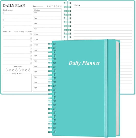Daily Planner Undated - A5 To Do List Notebook Hourly Schedules, Spiral Appointment Planner for Women and Men, PVC Hardcover, Inner Pocket, Elastic Closure, 5.8" x 8.3", Teal-CubbioJoy