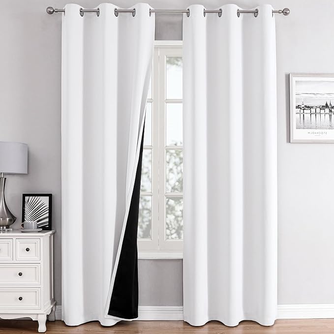 ChrisDowa White 100% Blackout Curtains for Bedroom with Black Liner, 2 Thick Layers Total Blackout Thermal Insulated Grommet Window Curtains 2 Panels Set (Pure White, 42 x 84 Inch)-CubbioJoy