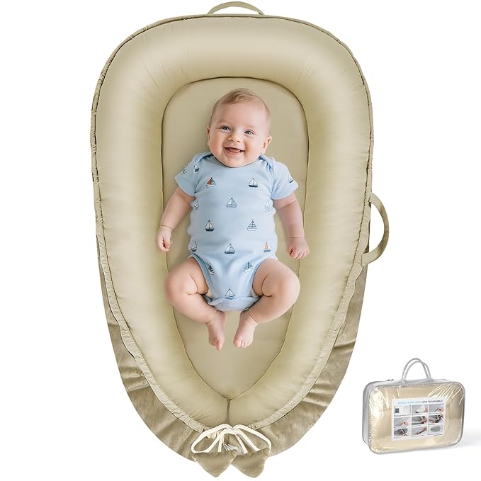 Baby Lounger - Baby Lounger for Newborn 0-24 Months, Breathable & Soft Cotton and Velvet Cover Baby Nest, Portable Tummy Time Lounger for Home and Travel, Ideal Baby Essentials & Shower Gifts-CubbioJoy
