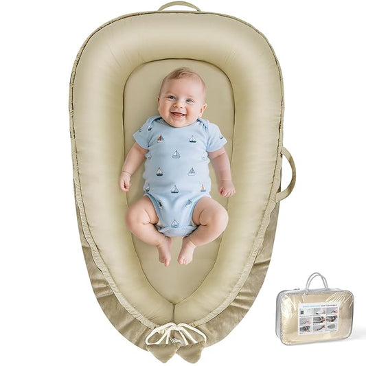 Baby Lounger - Baby Lounger for Newborn 0-24 Months, Breathable & Soft Cotton and Velvet Cover Baby Nest, Portable Tummy Time Lounger for Home and Travel, Ideal Baby Essentials & Shower Gifts-CubbioJoy