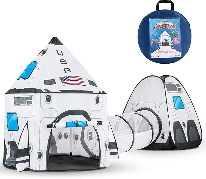 JOYIN White Rocket Ship Pop up Play Tent with Tunnel and Playhouse Kids Indoor Outdoor Spaceship Tent Set-CubbioJoy