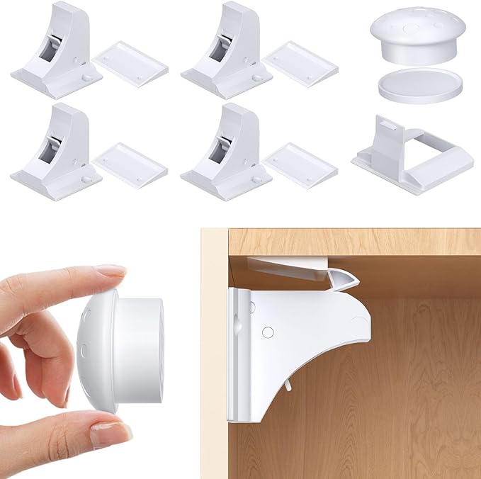 Child Safety Magnetic Cabinet Locks 4 Pack+ Key-AOSITE Baby Proofing Magnetic Drawer Locks for Kitchen with Adhesive No Drilling or Screws Fixed, Baby Safety Cabinet Locks-CubbioJoy