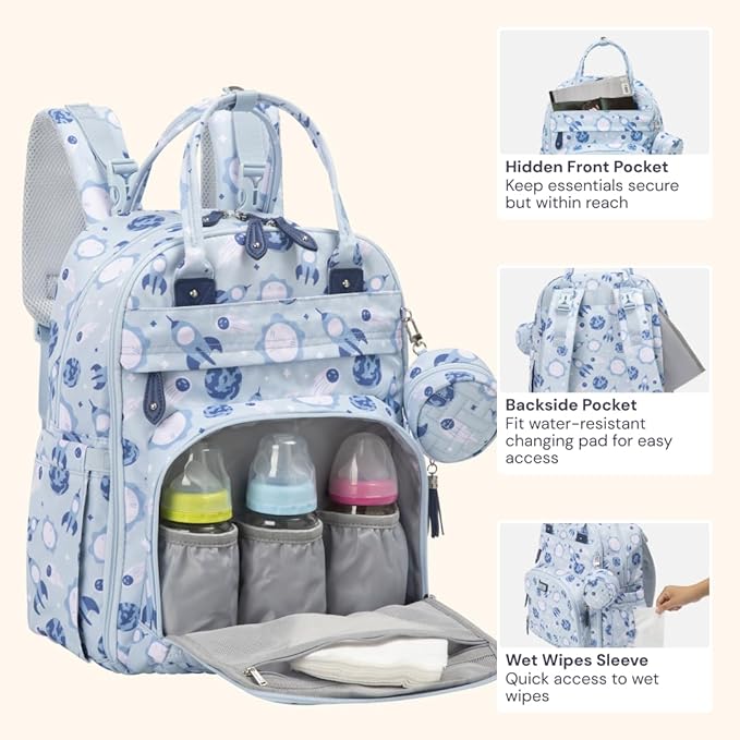 BabbleRoo Diaper Bag Backpack - Baby Essentials Travel Tote - Multi Function Water Resistant Diaper Bag, Travel Essentials Baby Bag with Changing Pad, Stroller Straps & Pacifier Case - Unisex, Cosmic-CubbioJoy