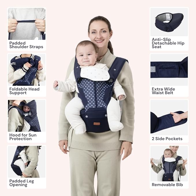 BabbleRoo Grow Carrier – Safety-Certified 6-in-1 Baby Carrier with Hip Seat, Ergonomic & Adjustable Toddler Carrier 7-50 lbs with Hip Support, Hood for Sun Protection, Newborn to Toddler, Navy Hearts-CubbioJoy