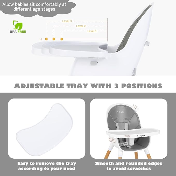 BABY JOY Convertible Baby High Chair, 3 in 1 Highchair w/Adjustable Legs, Dishwasher Safe Tray, Detachable PU Cushion, Footrest, 5-Point Harness for Babies Infants Toddlers (Gray)-CubbioJoy