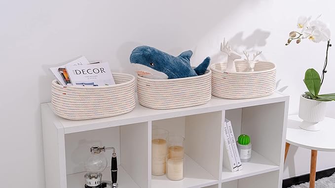 Baskets&Bins for Shelf Storage &Organizing/Cute Basket to Store and Organize Daily Items/Woven Rope Basket for Living Room, Bedroom,Playroom/Small Oval-13x8.66x5.11’’,3 Packs Rainbow-CubbioJoy
