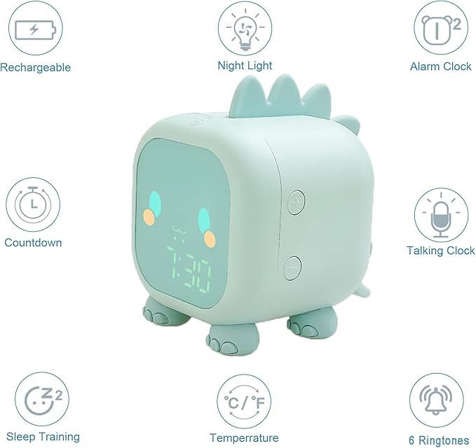 Kids Alarm Clock Girls Green Dinosaur Alarm Clocks with Night Light Bluetooth Digital Alarm Clock for Kids Girls Children-CubbioJoy