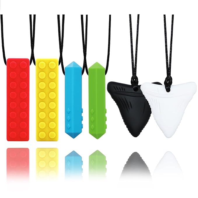 Chewy Necklaces for Sensory Kids, 6 Pack Chew Necklaces for Sensory Boys and Girls with Autism, ADHD, SPD, Chewing, Biting, Silicone Oral Sensory Chew Teething Toys for Adults Reduce Anxiety Fidget-CubbioJoy