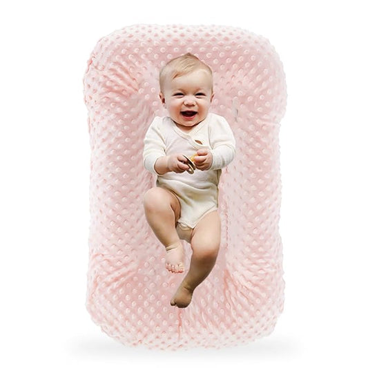 Baby Lounger for Newborn,Baby Nest for Newborn Soft Cotton Breathable for Playtime & Relaxation,Flat Babies Essentials Gifts Newborn Lounger for Boys & Girls 0-12 Months(Pink Bean)-CubbioJoy