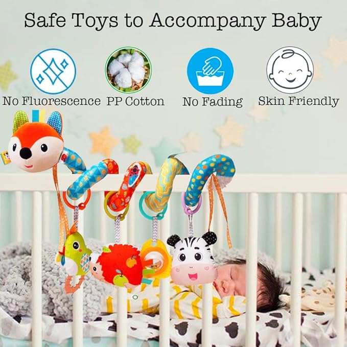 Baby Car Seat Toys, Infants Activity Spiral Plush Toys for Babies 0-6 Months Hanging Stroller Toy Gift for Infant Boys and Girls 0 3 6 12 Months Newborn Sensory Toy with Rattles Squeaker Music - Fox-CubbioJoy