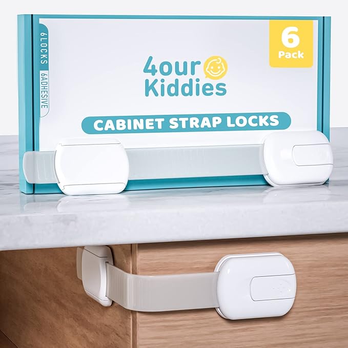 4our Kiddies Child Safety Cabinet Locks for Babies (6 Pack), Child Proof Latches for Cabinets and Drawers Doors, Baby Proofing Cabinet Strap Locks for Cupboard and Closet with 6 Pcs Extra 3M Adhesives-CubbioJoy