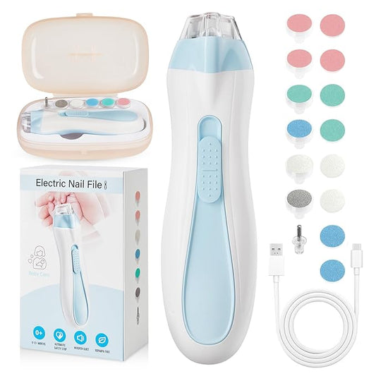 Baby Nail Trimmer Electric, 15 in 1 Baby Nail Clippers for Gentle Nail Care, Rechargeable Baby Nail File Electric with Light &15 Grinding Pads for Infant Toddler, Blue-CubbioJoy