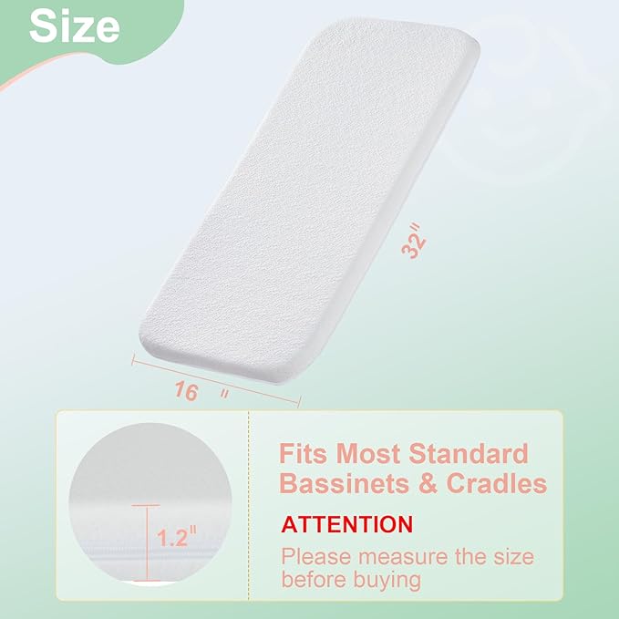 ANGELBLISS Bassinet Mattress Topper, Gel Memory Foam Mattress with Removable Cover Fit for Cradle and Moses Basket (32" x 16"), Waterproof Breathable Soft Bassinet Mattress-CubbioJoy