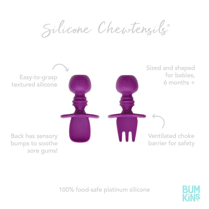 Bumkins Baby Utensils Set, Chewtensils Silicone Spoons for Dipping, Self-Feeding, Baby Led Weaning, Trainer Learning, First Stage Eating, Soft Practice Fork and Spoon, Babies 6 Months, Purple-CubbioJoy