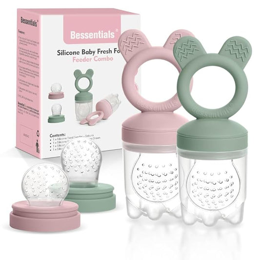 Bessentials Baby Fresh Fruit Food Feeder - 2 Pack Silicone Mesh Feeders for Infant Safe Self Feeding |3 Sizes Food Pouches Included| Suitable for Baby 4m+ (Light Pink & Grass Green)-CubbioJoy