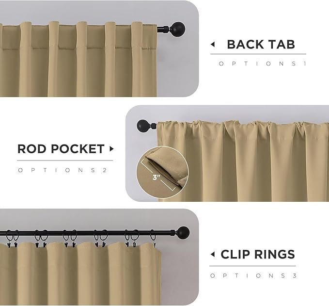 Joydeco 72 Inch Blackout Curtains for Bedroom, Thermal Insulated Black Out Curtains, Room Darkening Drapes for Living Room Window Rod Pocket Back Tab (W52 x L72 Inch, Beige)-CubbioJoy