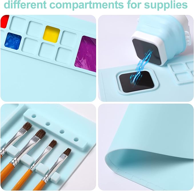 AWOKE Silicone Painting Mat - 20"X16" Silicone Art Mat with 1 Water Cup for Kids - Craft Mat has12 Color Dividers - 2 Paint Dividers (Blue),Toddler Activities,3 4 5 Year Old Girl Boy Birthday Gifts-CubbioJoy