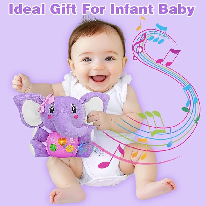 Aitbay Plush Elephant Music Baby Toys 0 3 6 9 12 Months, Cute Stuffed Aminal Light Up Baby Toys Newborn Baby Musical Toys for Infant Babies Boys & Girls Toddlers 0 to 36 Months (Purple)-CubbioJoy