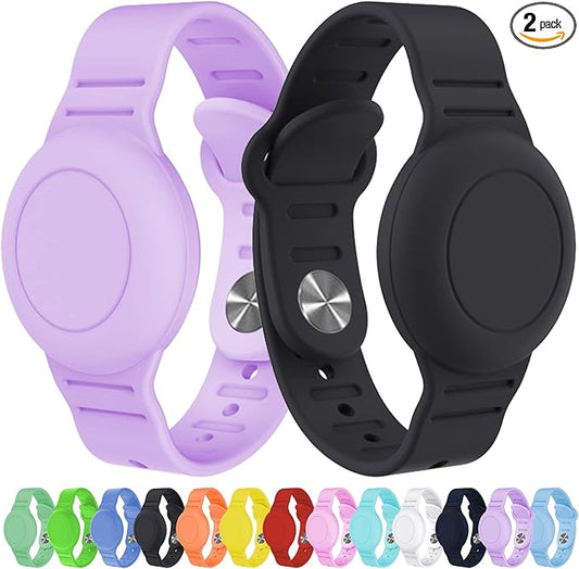 2 Pack Waterproof Bracelet for AirTag Kids, Hidden Silicone Wristband for AirTag, GPS Tracker Case for Air Tag Holder Strap for Child Toddler, Secure Anti-Loss Protection(Purple Black)-CubbioJoy