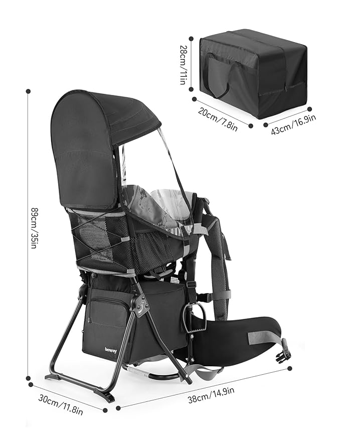 besrey Baby Backpack Carrier, Toddler Hiking Backpack with Safety 3-Height Seat, Adjustable Straps&Waist Belt, Foldable Frame Lightweight Large Capacity Child Carrier for Hiking (Black)-CubbioJoy