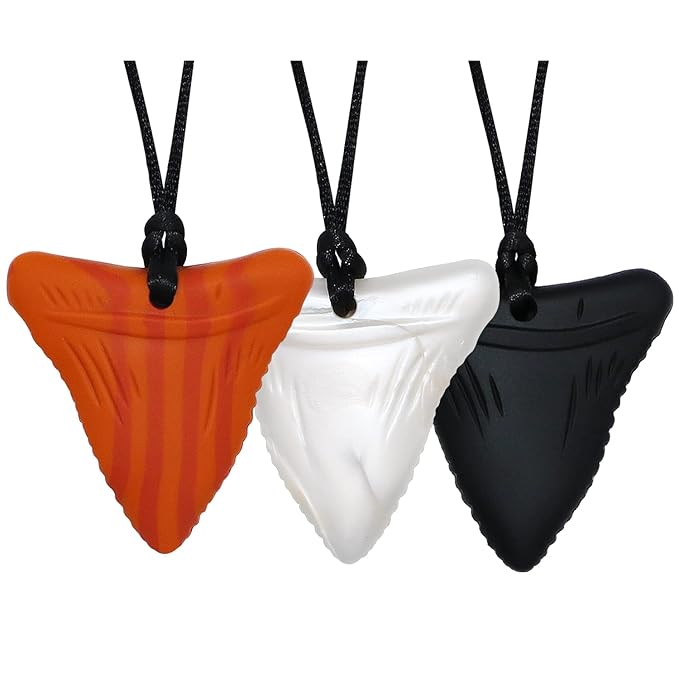 Chewy Necklace Sensory for Kids and Adults, Shark Tooth Silicone Autism Chew Toys Sensory for Boys Girls with ADHD, Anxiety, SPD, 3 Pack Chewing Necklace - BPA Free-CubbioJoy