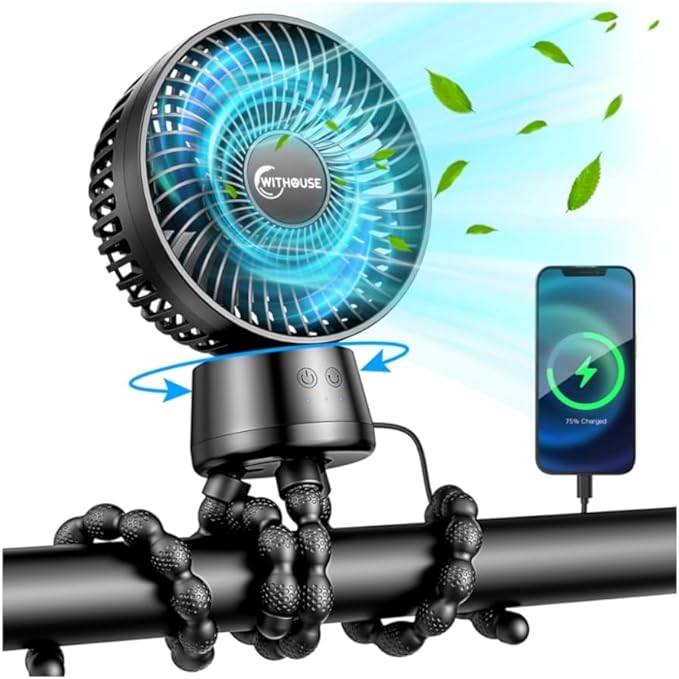 20000mAh Portable Stroller Fan with Auto Oscillating, Extended Anti-Slip Detachable Flexible Tripod, Power Bank & LED Light, 3-Speed Quiet Long Time Cooling Clip On Fans for Baby Crib Car Seat Travel-CubbioJoy