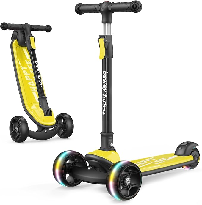 Besrey Kick Scooter for Kids Ages 3-10, 3-Wheel Folding Scooter with Adjustable Height, LED Light Wheels, Extra Wide Deck for Outdoor Activities-CubbioJoy