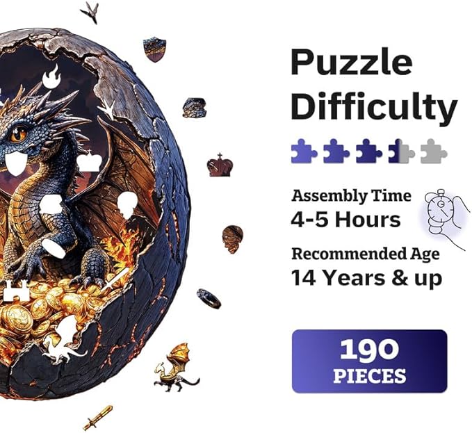 Jigfoxy Wooden Puzzle for Adults, Hatchling Dragon Wooden Jigsaw Puzzles for Adults, Unique Animal Shape Wood Cut Puzzles for Family Friend Puzzle Lovers(M-11.4 * 9.5in-190pcs)-CubbioJoy