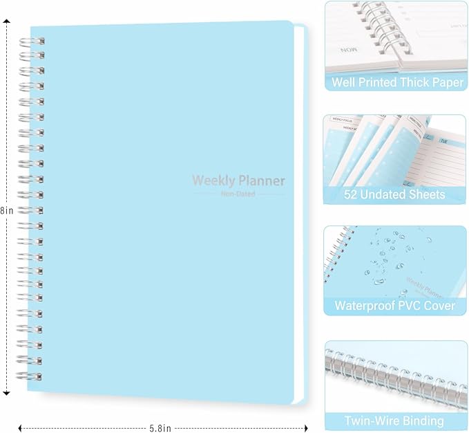 Undated Weekly Planner, Weekly To Do List Notebook with Goal & Habit Tracker Organizer, A5 5.7" x 8.0" Weekly Planner Notebook with Spiral Binding for Men or Women-CubbioJoy