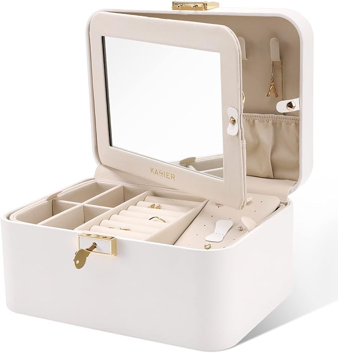 KAMIER Travel Jewelry Box, 2 Layers PU Leather Portable Jewelry Organizer, Large Capacity, Double Lock and Large Mirror, Hidden Necklace Hooks, Removable Dividers, Gift Box Packaging, White-CubbioJoy
