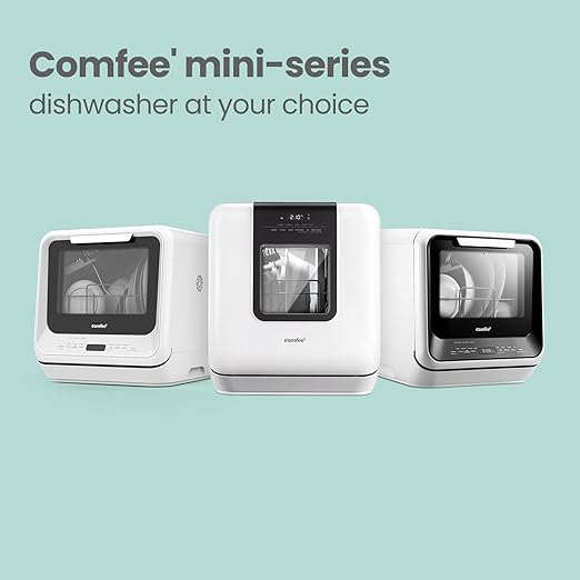 COMFEE' Countertop Dishwasher, Portable Dishwasher with 6L Built-in Water Tank, Mini Dishwasher with More Space Inside, 7 Programs, UV Hygiene& Auto Door Open, for Apartments, Dorms& RVs, White-CubbioJoy