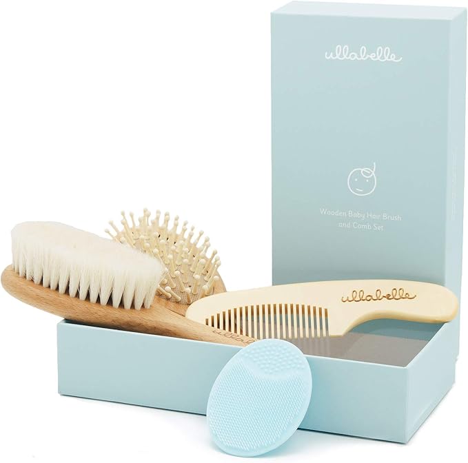 4 Piece Wooden Baby Hair Brush and Comb Set for Newborns & Toddlers in Chic Gift Box - Ultra Soft Natural Goat Hair and Wood Baby Brush Set Prevents Cradle Cap - Perfect Registry Gift (Blue)-CubbioJoy
