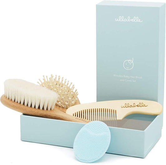 4 Piece Wooden Baby Hair Brush and Comb Set for Newborns & Toddlers in Chic Gift Box - Ultra Soft Natural Goat Hair and Wood Baby Brush Set Prevents Cradle Cap - Perfect Registry Gift (Blue)-CubbioJoy