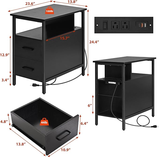 Black Side Tables, End Table with Charging Station, Narrow End Table with 2 Wooden Drawers, USB Ports and Power Outlets, Slim Nightstand and Bedside Table, End Tables Living Room, Bedroom-CubbioJoy