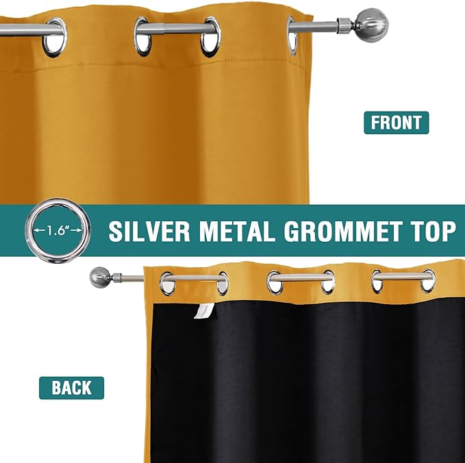 ChrisDowa 100% Blackout Curtains 90 inch Long for Bedroom with Black Liner, 2 Thick Layers Total Blackout Thermal Insulated Grommet Long Window Curtains 2 Panels Set (Mustard Yellow, 52 x 90 Inch)-CubbioJoy