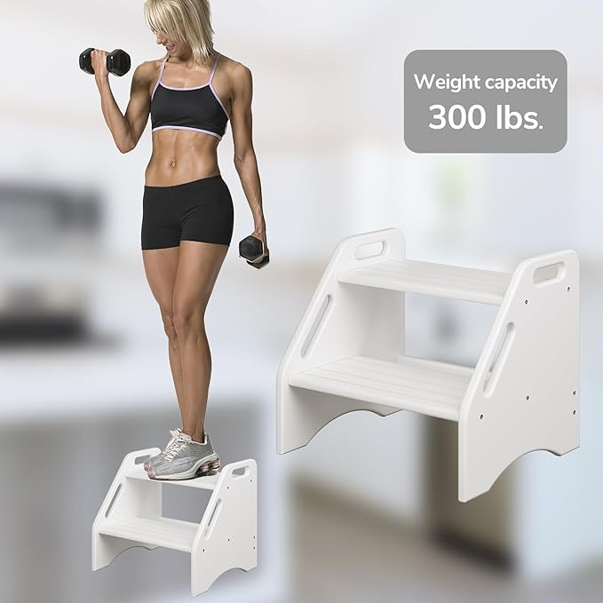 AMBIRD Wooden Two Step Stools Toddler with Safety Non-Slip Pads and Handles, Bamboo Step Stool for Bathroom, Bedroom, Kitchen Dual Height Step Stools for Kids (White)-CubbioJoy