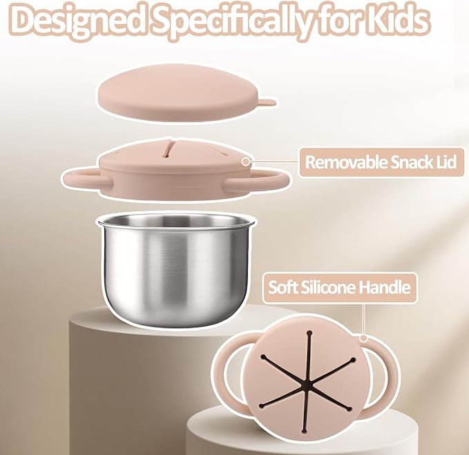 BUSOHA 2 Pack Stainless Steel Toddler Snack Cups - 9 OZ Spill-Proof Baby Snack Containers with Silicone Catcher and Lid Travel Snack Containers for Kids Dishwasher Safe Food Grade Silicone-CubbioJoy