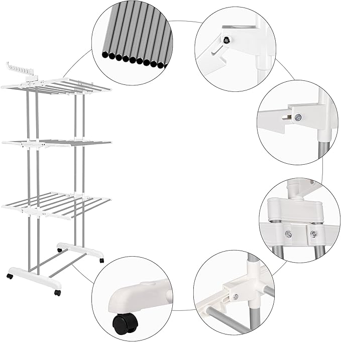 Bigzzia Clothes Drying Rack, Folding Stainless Steel Drying Rack Clothing Indoor Outdoor, Space-Saving, 4 Tier Laundry Drying Rack with Two Side Wings -Grey White-CubbioJoy